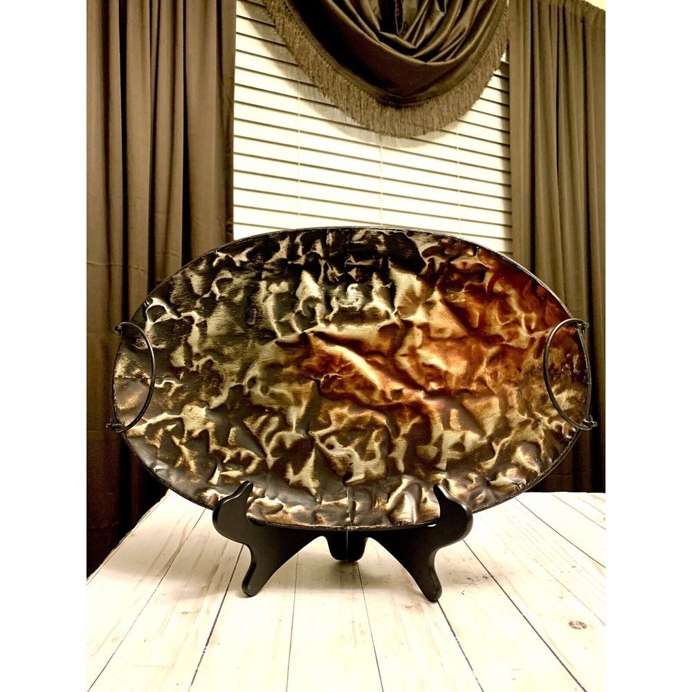 Beautiful Oval Art Tin Metal Brown Orange Hammered Table Wall Home Decor Tray